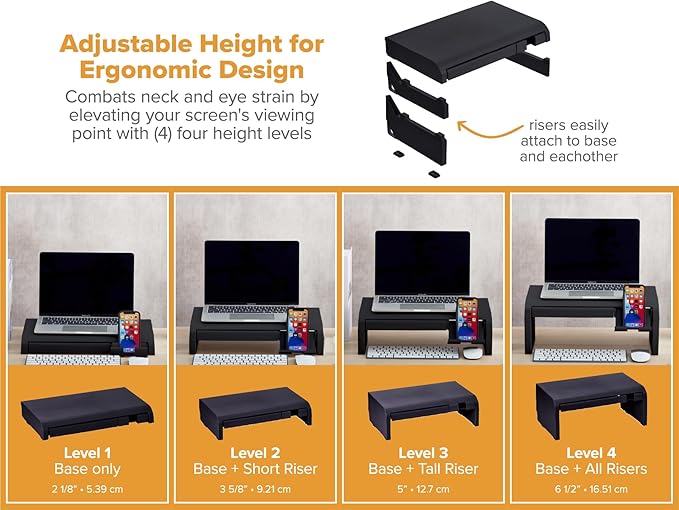 Bostitch Konnect Adjustable Monitor Riser with Drawer & Cell Phone Holder, Laptop Stand for Desk, 4 Height Levels, Cable Management & Rubber Feet
