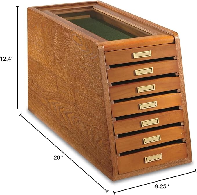 Collector's Cabinet Display Case for Collectibles, Wood 7-Drawer Storage Organizer Oak