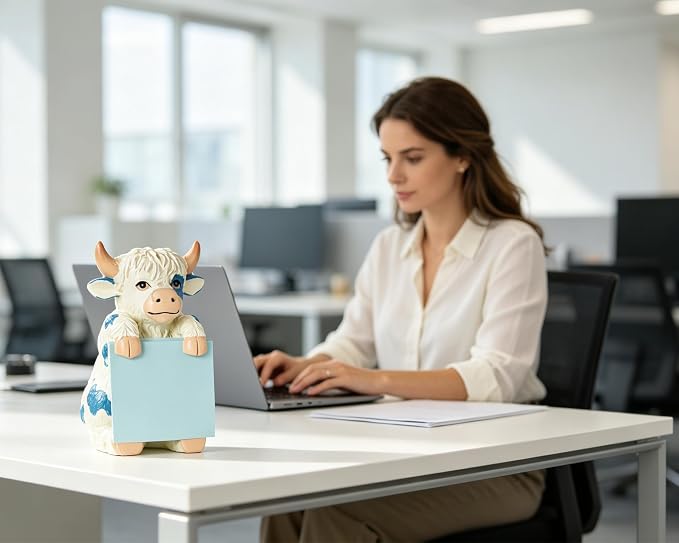 Highland Cow Pop-Up Sticky Note Dispenser for 3 x 3 in Notes, Blue | Includes 100 sheets, handmade resin desk decor for office, home or classroom, gift for teacher, coworkers and cow lovers