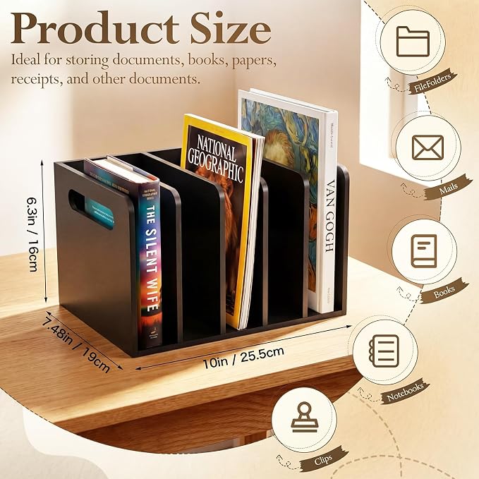 Didaey 1 Pack Acrylic Magazine File Holder, 5 Vertical Compartments Desk Sorter Organizer Magazines Documents Books Accessories Black Folder Rack Binder for Office Home(B5, 5 Sections, Black)