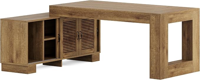 LITTLE TREE L Shaped Executive Desk, Large 63" Executive Desk with File Cabinet, Modern L Shaped Desk, Corner Computer Desk for Home Office & Business Furniture Workstation, Brown