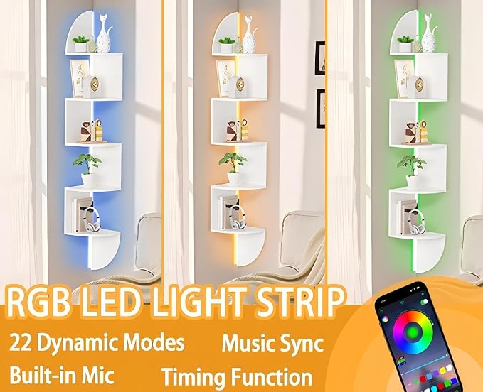 Corner Shelf, 5 Tier Bookshelf with LED Light, Corner Shelf Wall Mounted, Floating Shelves for Wall, Display Stand for Bedroom, Living Room, Bathroom, Home, Office, White