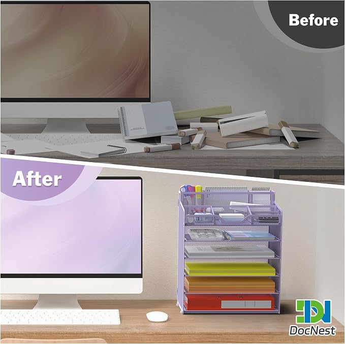 Docnest 6 Tier Mesh Desk Organizer with Letter Tray & Paper Sorter, Purple | Features 3 built-in pen holders & 5 adjustable compartments on top. Includes 4 non-slip rubber feet for desk protection