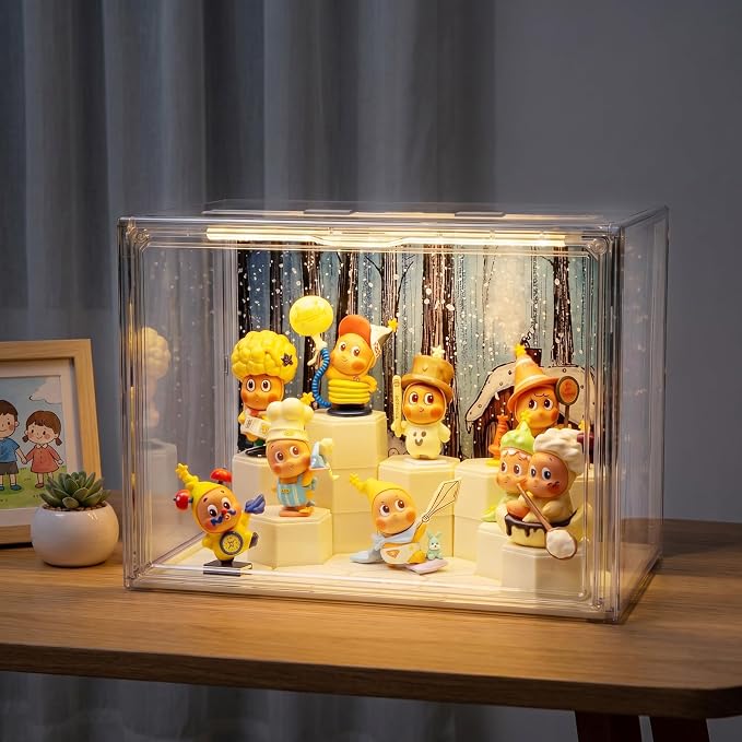 Clear Acrylic Display Cases for Collectibles with LED Light,DIY Scene, with Backdrop, No Dust , No Moisture, for Figures Collection Display Cabinet (36x23x27cm/ 14x 9x10.6 in)