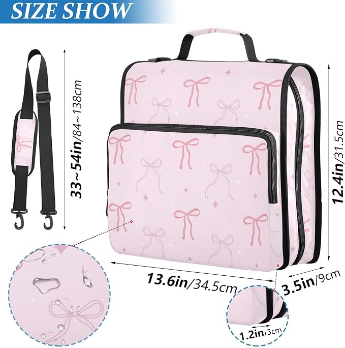 Pink Bows Star Pink Zipper Binder with Shoulder Strap Bag 3 Ring Binder Organizer Large Capacity Multiple Compartments for School Office