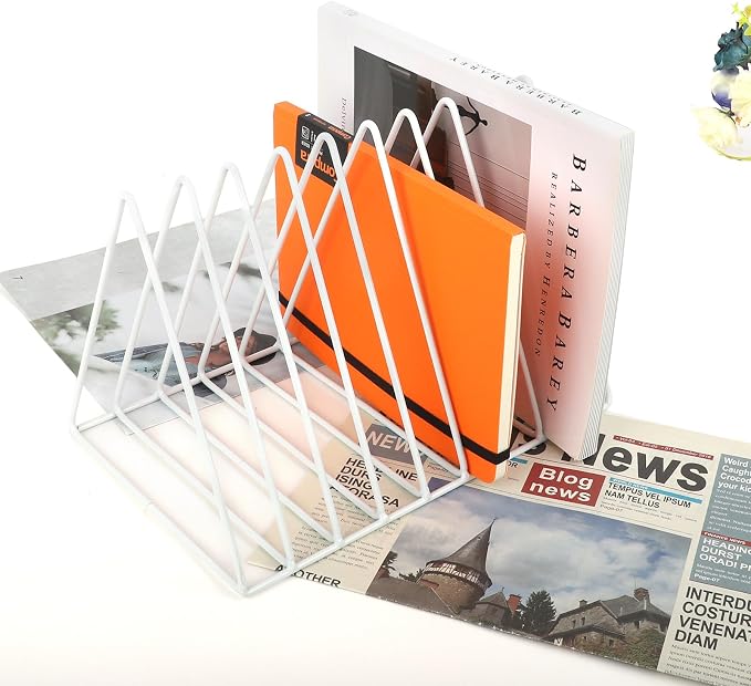 Vinyl Record Holder Storage, 9 Slot Metal Magazine Book Album Display Rack, Stylish Triangle Desktop File Sorter Organizer for Home Office, White Pack of 2