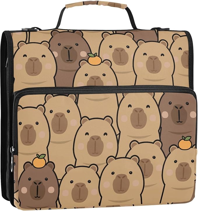 Cute Capybara with Orange 3 Ring Binder Bag 1.5 inch Binder Organizer with Zipper Shoulder Strap 500 Sheet Documents Storage for School Office