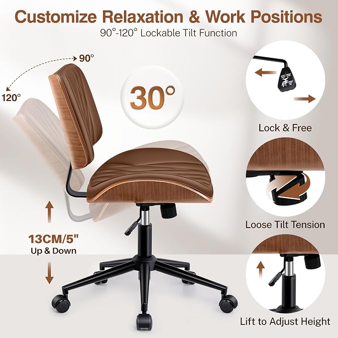 Ergonomic Armless Office Desk Chair - Mid-Century Modern Brown Faux Leather with Diamond Stitch, Adjustable Height Swivel Rolling Task Computer Chair with Walnut Accent for Home Office, Study & Work