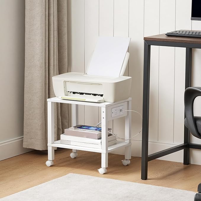 HOOBRO 2-Tier Printer Stand with Charging Station, Under Desk Printer Table, Printer Cart with Storage Shelves, Shelf for Small Spaces, for Home Office, White WT38UPS01