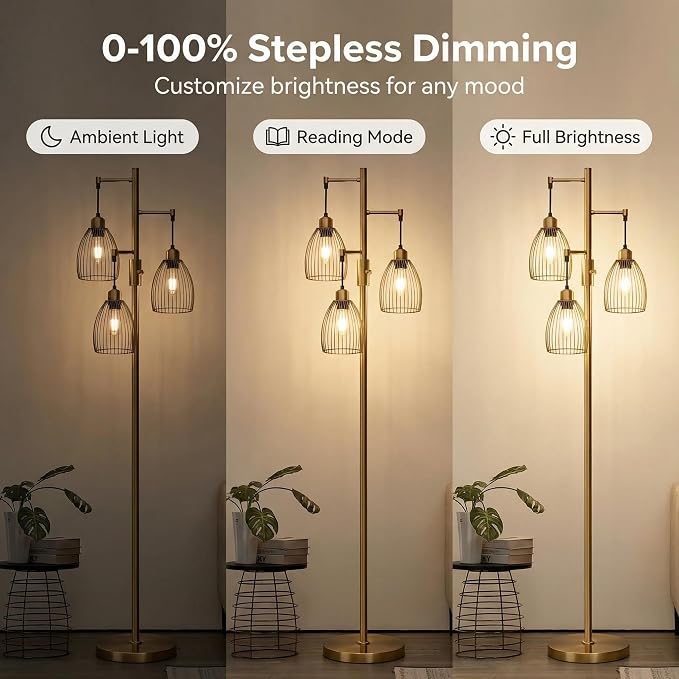 Dimmable Floor Lamp, Industrial Floor Lamps for Living Room, Antique Brass Tree Lamp Standing Lamp Tall Lamps with 3 Elegant Teardrop Cage Head & 800 Lumens LED Bulbs for Living Room Bedroom Office