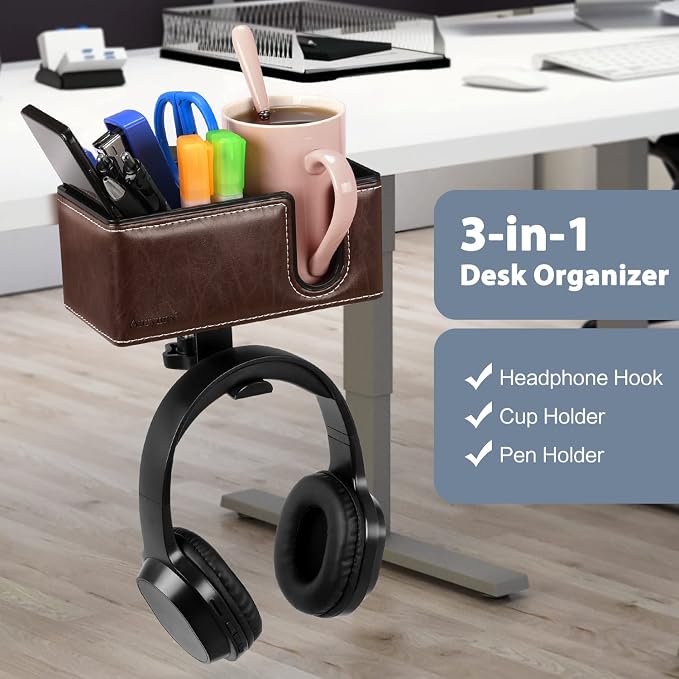 Under Desk Cup Holder Clamp on Cup Holder PU Leather Clip on Desk Organizer | Desk organizer with pencil holder clamp on side, under desk hanging organizer, clip on cup holder desk phone stand holder PU