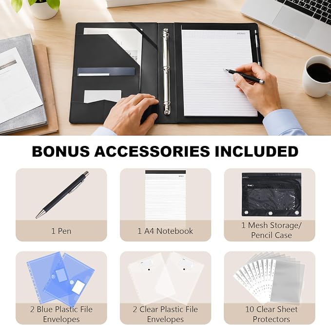 Leathario 1 Inch 3 Ring Binder with Clipboard Storage Vegan Leather | Includes 10 Clear Divider Pockets, 4 Envelope Pockets, 1 Pen Bag and 1 Pen, Suitable for A4/8.5x11 Paper, for Students Work