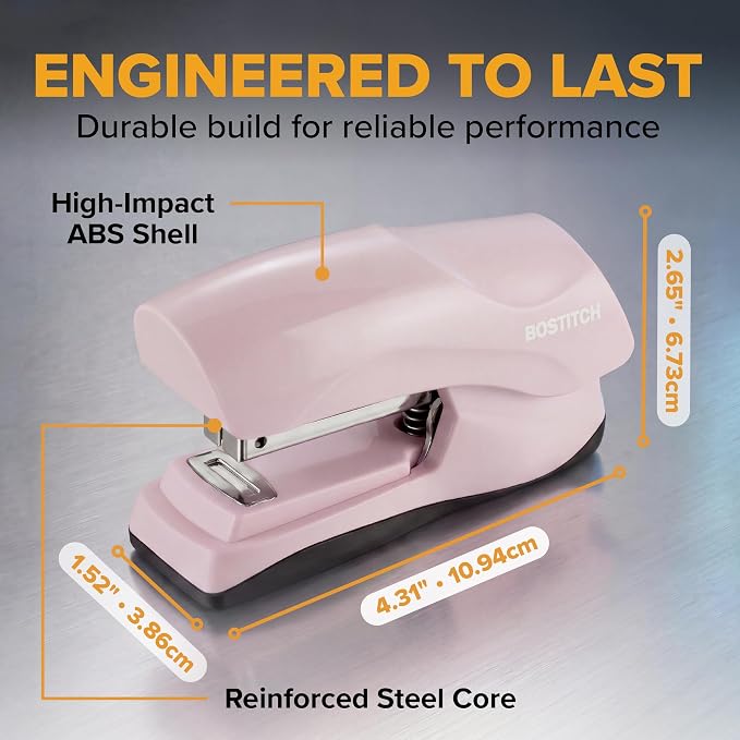 Bostitch Heavy Duty Compact Stapler, 40-Sheet Capacity, No-Jam Technology, Flat Clinch Design, Half-Strip Desktop Stapler, Pink