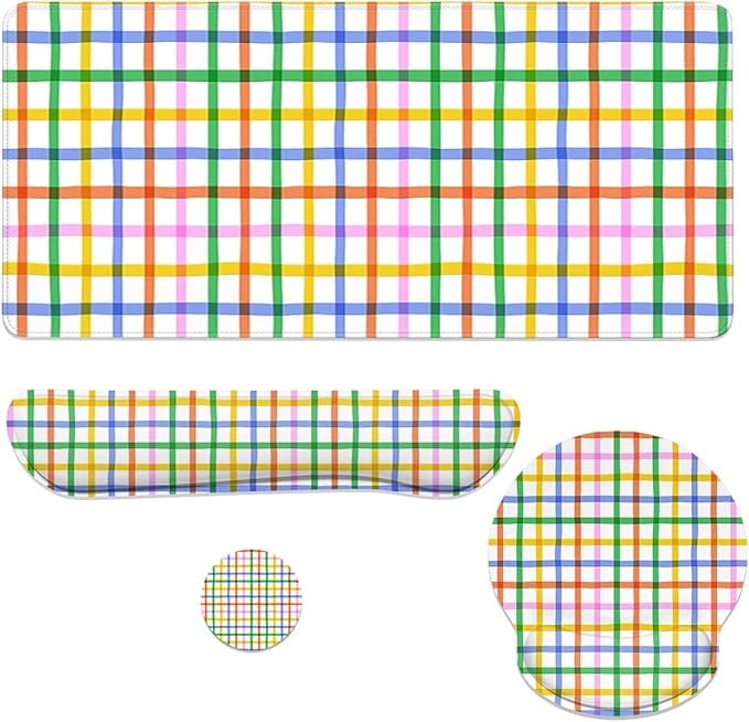 Plaid Mouse Pad Set Colorful Rainbow Checkered Seamless Gaming Mousepad 4in1 Desk Mat for Desktop Anti-Slip XXL Big Computer Ergonomic Mousepad with Wrist Support for Keyboard and Mouse