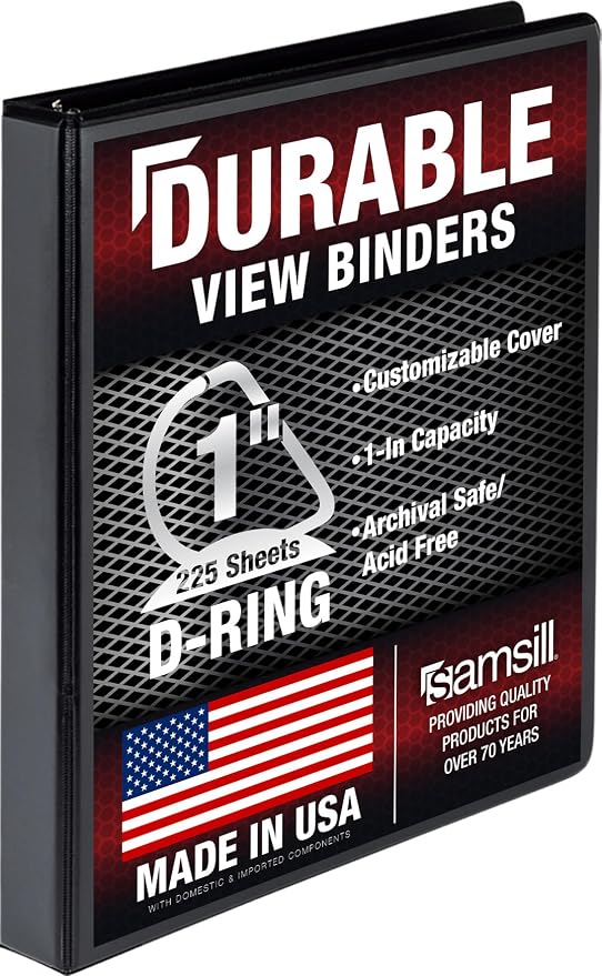Samsill Durable 1 inch 3 Ring Binder, D Ring Binder, 100% Recycled Chipboard, Black