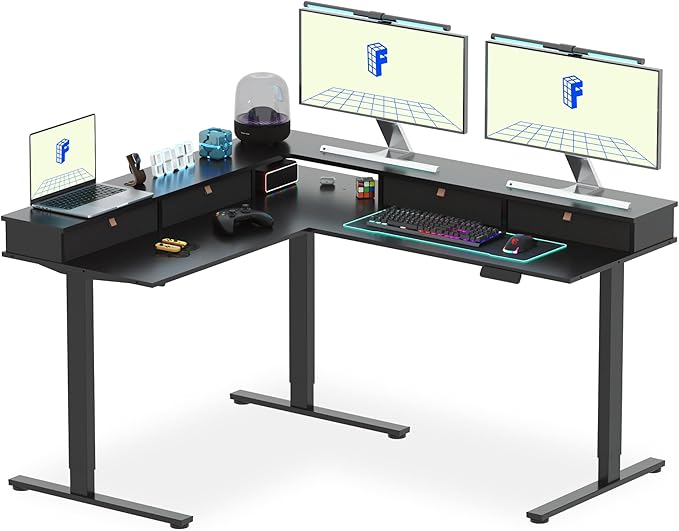 FLEXISPOT 63" L Shaped Standing Desk Electric Corner Table with Monitor Shelf, 4 Storage Drawers, Adjustable Computer Workstation for Home, Office, Game, Studio, Black Top + Black Frame