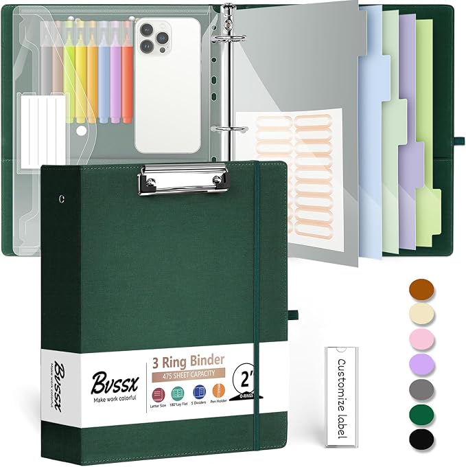 3 Ring Binder 2 Inch, BVSSX Three Ring Binders Organizer with Clipboard, Plastic Folder, 5-Tabs Pocket Dividers with Sticker Labels, Pen Loop, Elastic Strap (Green, Letter Size)