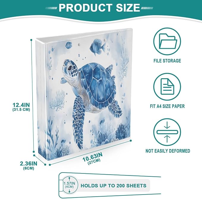 3 Ring Binder Sea Turtle Coral Reef Pattern 1.5" Round Ring Binders View Binder with 200 Sheet for Women Men Office Kids School Supplies, 1 Pack