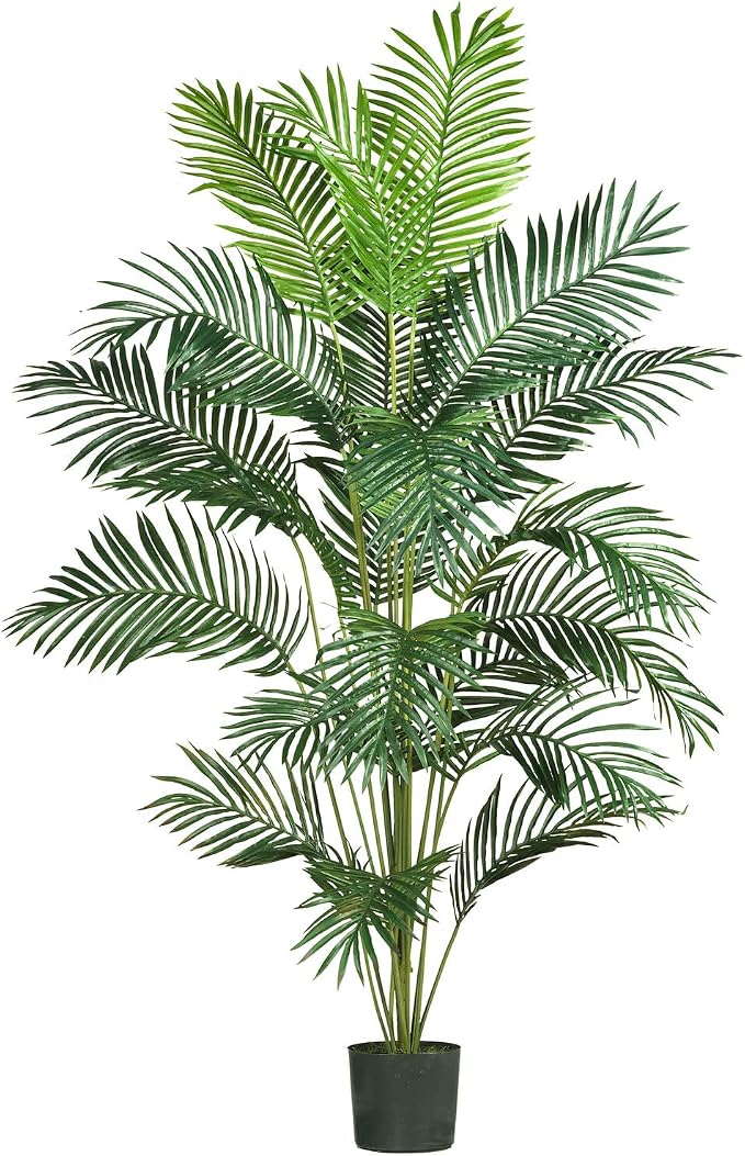 Nearly Natural 7 ft Artificial Paradise Palm Tree with Nursery Pot | 21 Feathery Fronds, Realistic Fake Leaves, Includes Black Nursery Planter, Stately Decor for Indoor Home or Office spaces