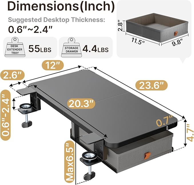 Desk Extender Tray, 24" x 12", with Storage Drawer, Medium, Black | Desk Extension, Clamp on Desk Shelf, Clamp on Keyboard Tray for Office and Home, Workstation Organizer