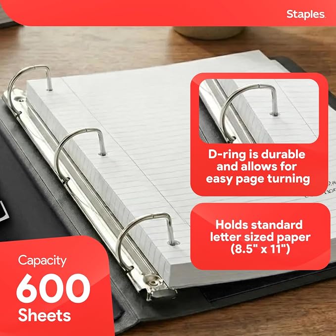 Staples Better 3-Inch D-Ring Binder, Black, Heavy-Duty, Large Capacity | Durable 3-ring binder for school and office document storage and organization.