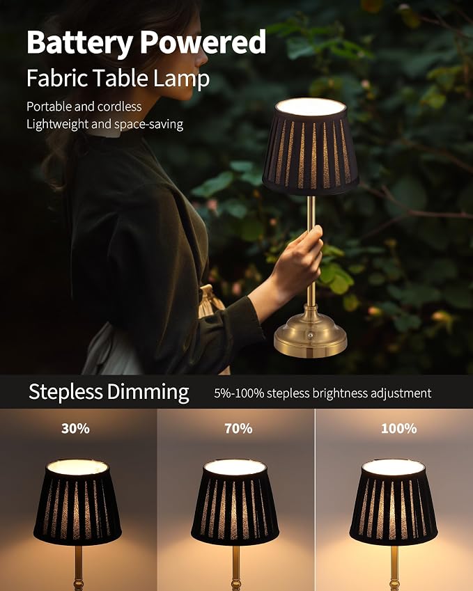 KDG Gold Cordless LED Table Lamps Set of 2, Black Fabric Shade Desk Lamps | Portable 4000mAh Rechargeable Battery Powered, Dimmable Lighting for Dining Room, Bedroom, Bedside, Night Light, Balcony
