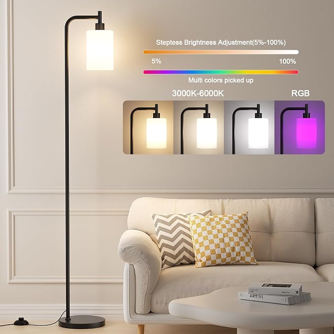 Ziisee RGB Floor Lamps for Living Room, Dimmable Industrial Standing Lamp with Remote Control for Bedroom Office Corner, 3 Colors Temperature, White Glass Shade, 9W RGB LED Bulb