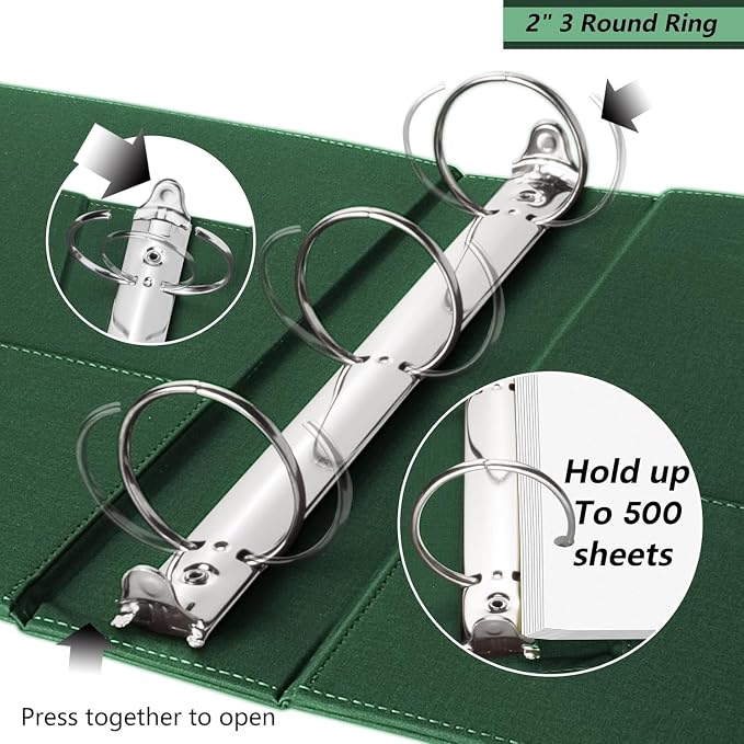 3 Ring Binder 2 Inch, BVSSX Three Ring Binders Organizer with Clipboard, Plastic Folder, 5-Tabs Pocket Dividers with Sticker Labels, Pen Loop, Elastic Strap (Green, Letter Size)