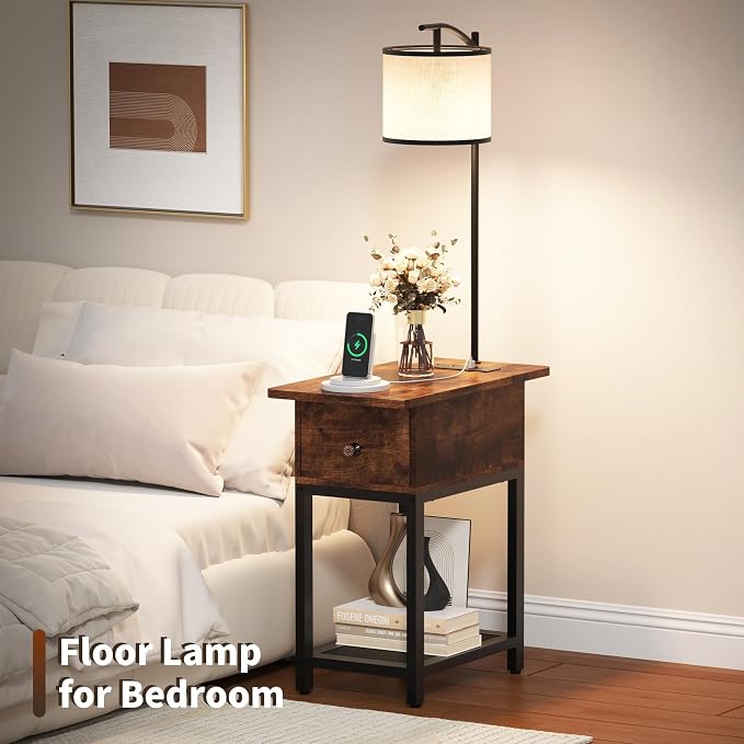 runjuly Floor Lamp with Table, Narrow Side Table with Charging Station | Wood Drawer, Built in Type-C and USB Port, Light Attached Nightstand, End Table for Living Room / Bedroom, Rustic Brown