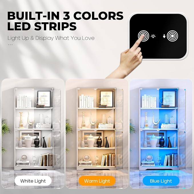 BROTTAR Display Cabinet with Glass Doors, 4-Tier Display Case, White | Curio Cabinet with 3 Color Lights for Collectibles, Storage Cabinets with Human Body Sensor