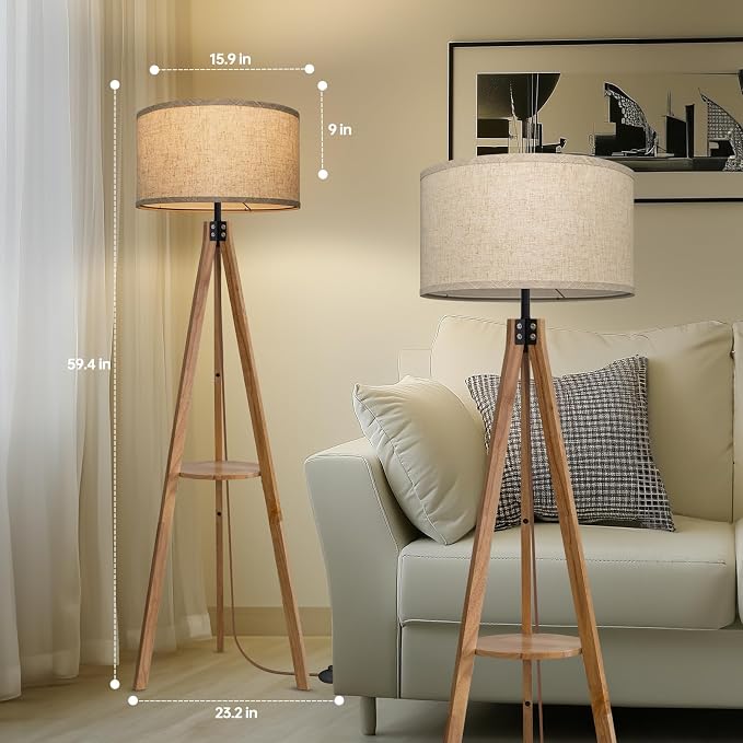 EOEYYOYB Floor Lamps for Living Room, Modern Standing Lamp with Shelf, 3 Color Temperature Led Bulb Tall Lamps with Foot Switch for Bedroom and Office, Burlywood