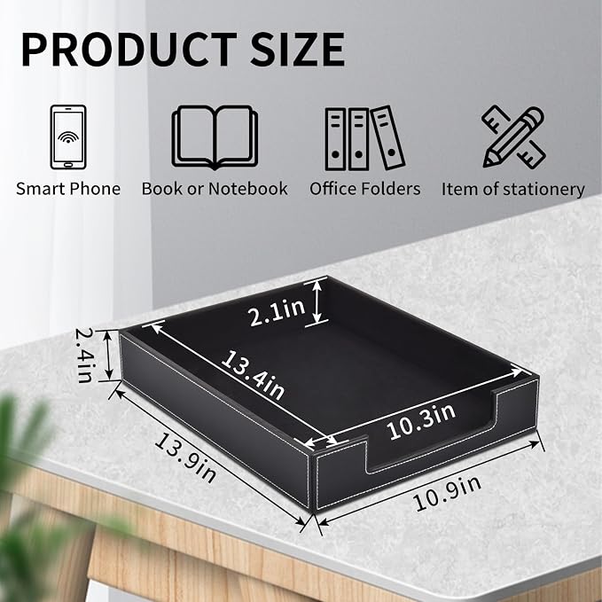 Leather 1-Layer Letter Tray Stackable File Document Tray,A4 Paper Case Rack Desk Office Supplies Organizer Holders,Desktop Organization, Pen Mail Magazine Storage Box(Black)