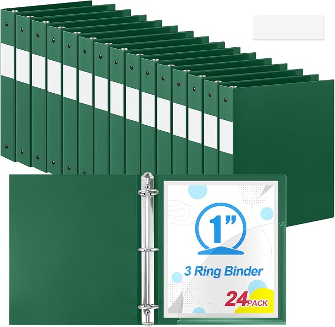 Henoyso 24 Pack 1 Inch 3 Ring Plastic Binders, Bulk Flexible PP Binders for Classroom & School Supplies, Letter Size 8.5 x 11, Holds 240 Sheets with Interior Pocket (Dark Green)