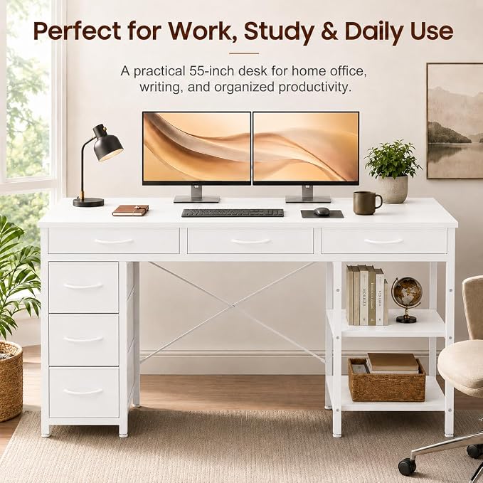 Simple Deluxe Computer Desk with 6 Drawers, 55 Inch Office Workstation with Storage Shelves, Reversible Corner Gaming Table, Home Office Study Desk with Fabric Organizer, White
