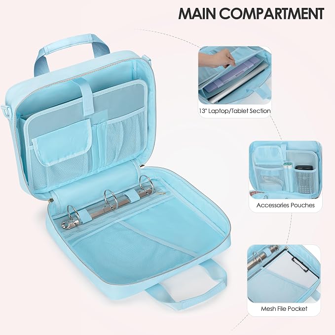 3 Ring Zipper Binder, 2 Inch Ring Binder Organizer Bag with Strap | Binder Bag Fits 13" Laptop & 500 Sheets, Detachable Shoulder Strap, Large Capacity Zip Up Portfolio Folder Bag for Office