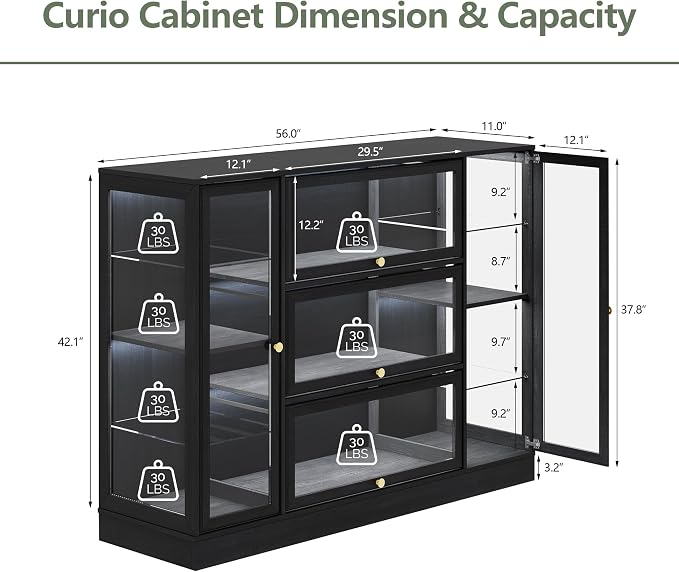 Display Cabinet with Acrylic Glass Doors,Extra Wide Curio Cabinet with LED Lighting for Collectibles, Collectibles Toy Organizers Rack & Display Shelf Display Case, Black