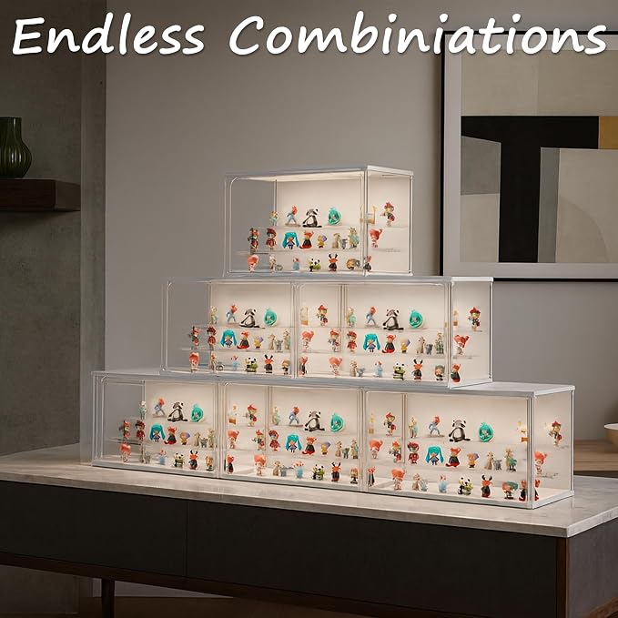 Clear Display Case for Collectibles, 3-Tier Stackable LED Figure Display Case with Magnetic Door, Adjustable Showcase for Models, Miniatures, Jewly (White, 17.6H-2PCS)