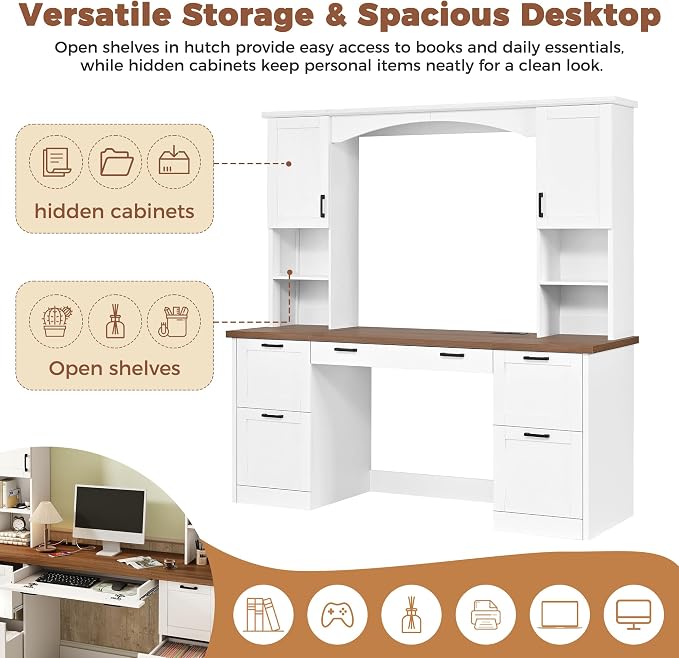 Merax Farmhouse Arched 67" Computer Desk with Power Outlets & Keyboard Tray | Wood Executive Home Office Desk with Hutch, Writing Desk with Storage Drawers for Working Study, White