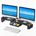 LEKETREE Dual Monitor Stand Riser with Drawer, Desk Organizer and Accessories, Monitor Stand for Desk, Desktop Stand for Computer, Laptop, TV and More (Black)