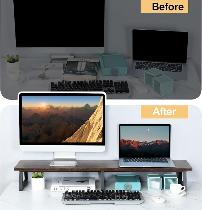 TEAMIX 42 inch Large Dual Monitor Stand Riser,TV Riser,Desk Shelf Organizer | Extra Long Computer Stand, Wood & Steel, Holds 300lbs, Keyboard/PS5/Soundbar Storage Underneath, For Home Office & Gaming