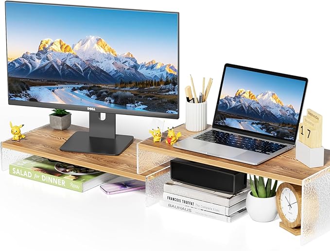 YGYQZ Adjustable Monitor Stand Riser, 9.4" ×19.3" Dual Monitor Desk Stand | Adjustable Monitor Riser, Expandable Desk Organizer, 2-Tier Storage, Acrylic Legs, Ergonomic Workspace, Wood Glacial Striae