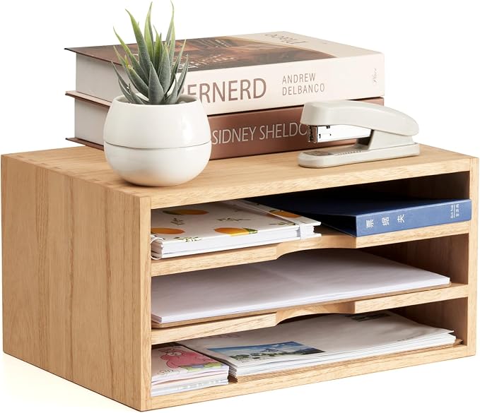 KIRIGEN Wooden Desk Organizer 3-Tier Letter Tray and Paper Sorter, Natural | Solid Wood Paper Tray Document Holder Organizer for Letters, Files, Folders, Mail, Magazines and Office Supplies