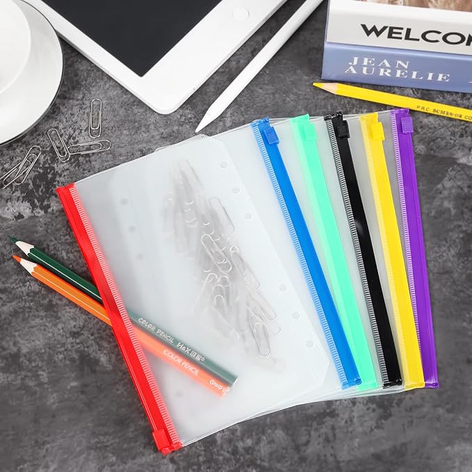 60pcs A6 Binder Pockets 6 Holes Zipper Folders Clear PVC Card Loose Leaf Bags Cash Envelopes for Budgeting Binder Waterproof Document Filing Bags for 6 Ring Notebook Planner Inserts