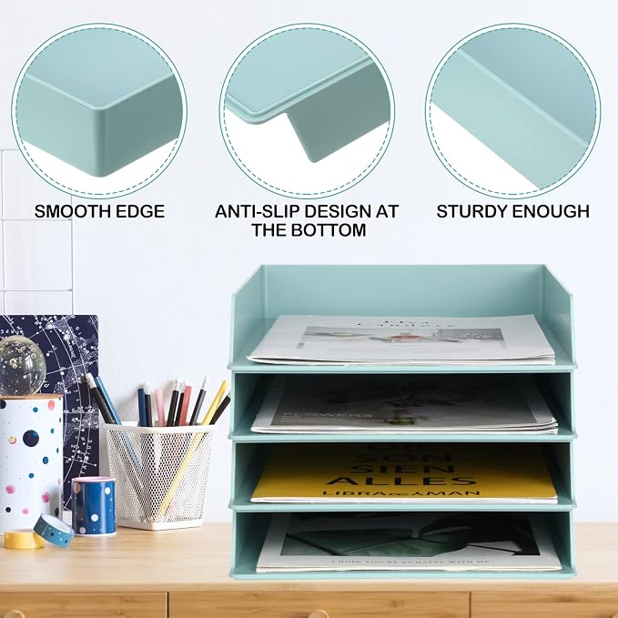 Tatuo 4 Pack Stackable Paper Trays Plastic Letter Tray Desk Organizer Paper Holder Organizer Storage Office Desk Accessories for Classroom Magazine File Documents 12.8 x 9.45 x 1.97, Blue Green