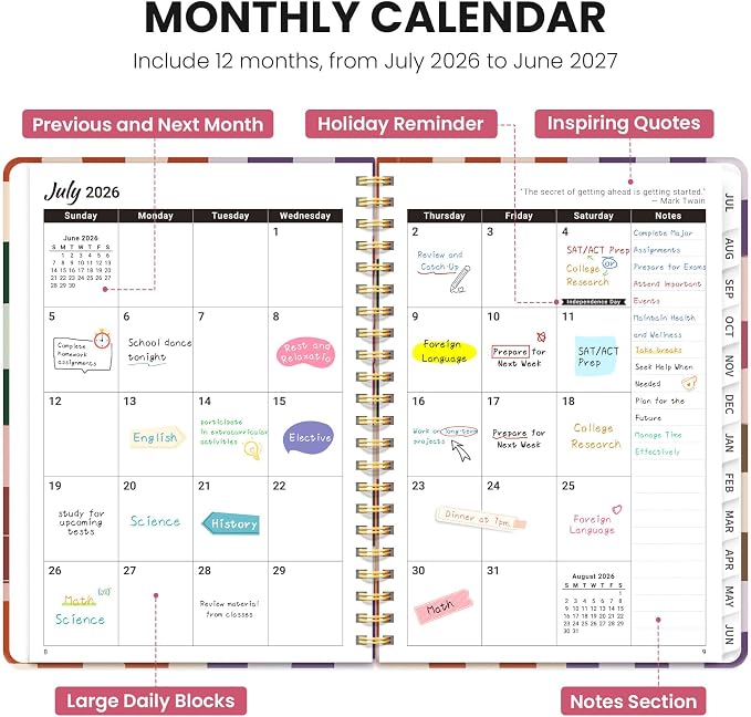 Planner 2026-2027, Academic Year Monthly & Weekly Planner Caledndar, July 2026 - June 2027, Hardcover Large Planning Agenda Book with Tabs for School Office Supplies, 6.3" x 8.5" - Checkered