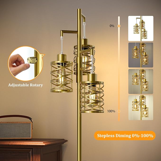 70" Industrial Floor Lamp, Stepless Dimmable Standing Lamp with 3 Bulbs, Farmhouse Corner Standing Tree Lamp for Living Room, Tall Lamps for Bedroom, Office, Study Room, Dining Room, Gold