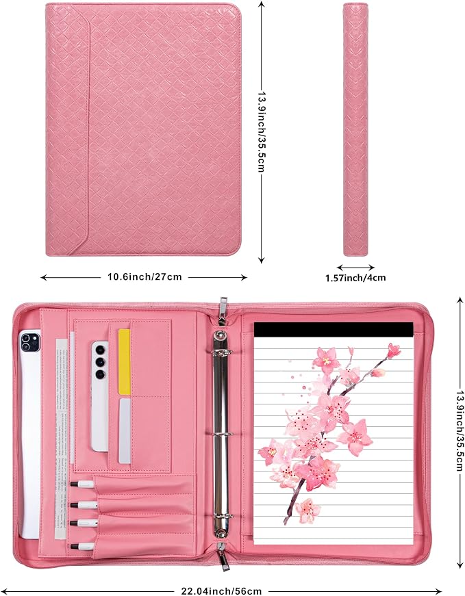 Fashionable Mesh Super Pink PU Padfolio, Vegan Leather Binder Portfolio for Women, 3 Ring Padfolio with Zipper, A4 Planner Binder Laptop Pocket, Legal Size Portfolio, Christmas Gift