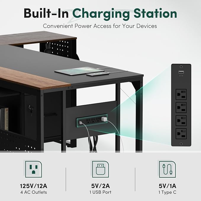 MALOL 70.3" Reversible L-Shaped Office Desk with Power Outlet Computer Desk | Large Executive Desk with Locked File Drawers & Storage Shelves, Pegboard, Mobile CPU Stand, Modern Corner Desk, Walnut