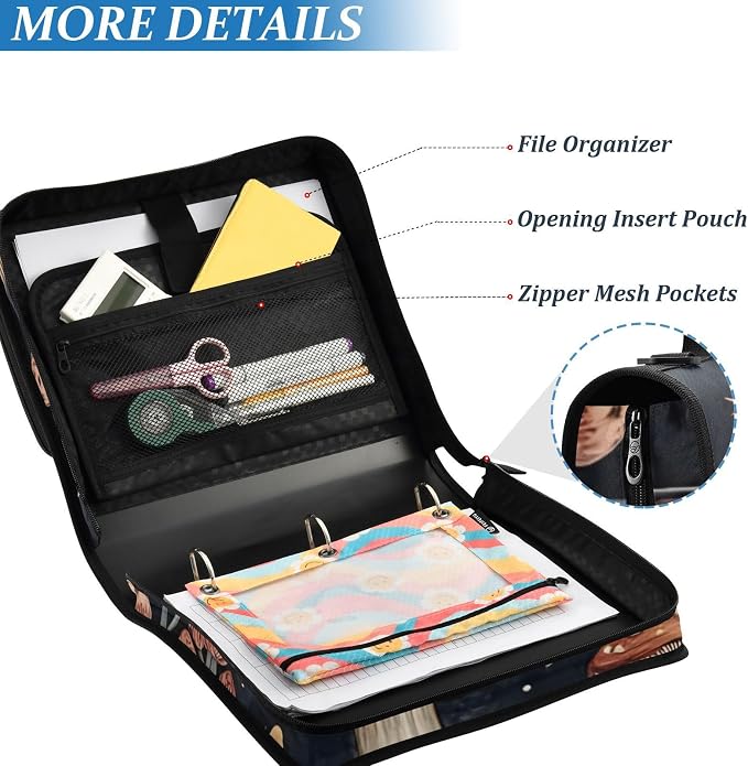 3 Ring Zipper Binder with Shoulder Strap Mushrooms Flowers Butterflies (2) 1.5 inch Binders Keeper Large Capacity Multi Pockets for School Office Supplies