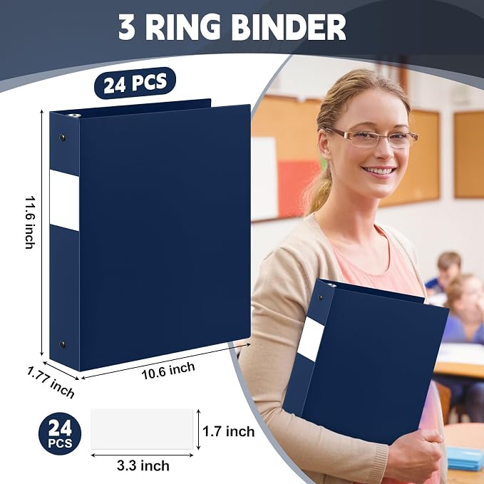 Henoyso 24 Pcs 1.5 Inch 3 Ring Binders, Letter Size,Navy Blue | Binders Bulk, Holds 350 Sheets, Round Rings, Durable Flexible PP Plastic Covers, Pockets Labels, School Office Supplies